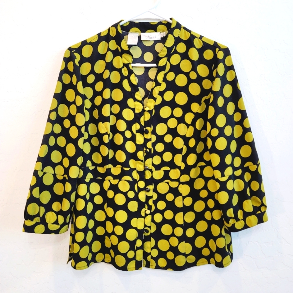 💕 Naomi Black & Mustard Polka Dots Button Front Blouse Top Women's Size Medium